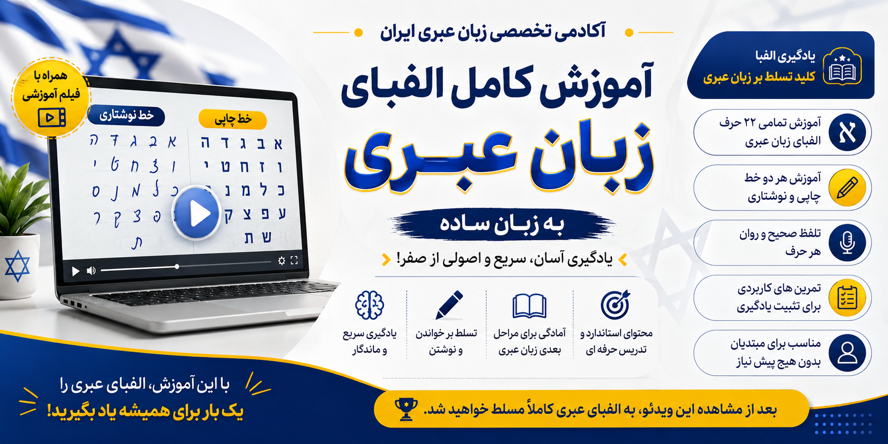 آموزش ویدئویی کامل و رایگان الفبای عبری